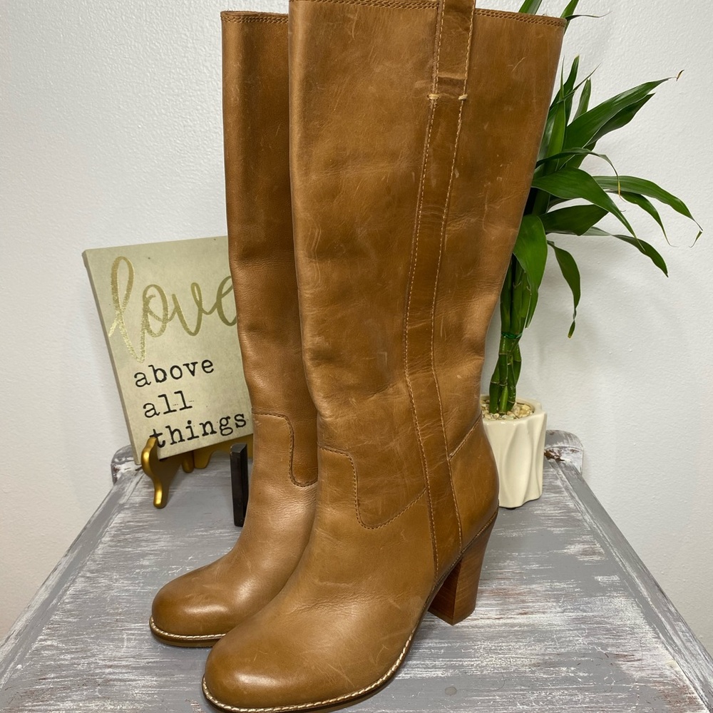 Lucky Brand Maidie tan brown leather knee high smoothed out boots Size 8M